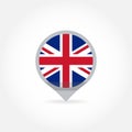 Flag of UK in shape of map pointer or marker. United Kingdom and Great Britain circle button. British national symbol icon. Vector Royalty Free Stock Photo